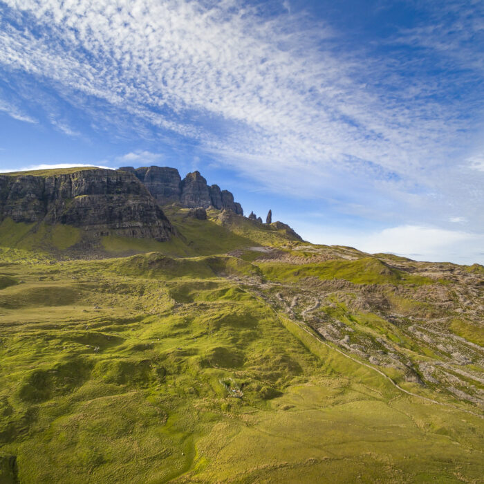 A scenic landscape shot of the iconic Old Man of Storr, Skye.