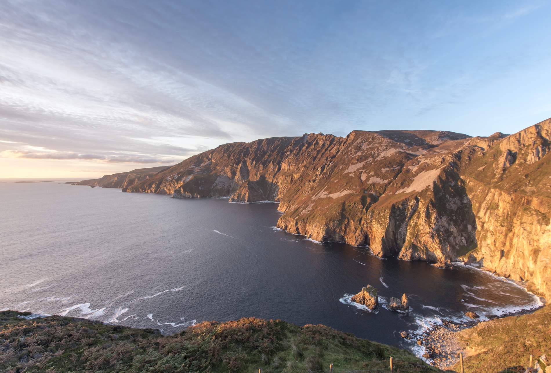 Dramatic landscape of Slieve League Cliffs, standing 601 meters tall, along Ireland's Wild Atlantic Way in County Donegal