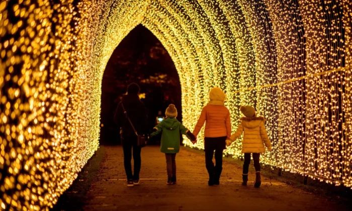 Christmas at Kew Lights: Family fun at London's Kew Gardens festive light trail, England, UK