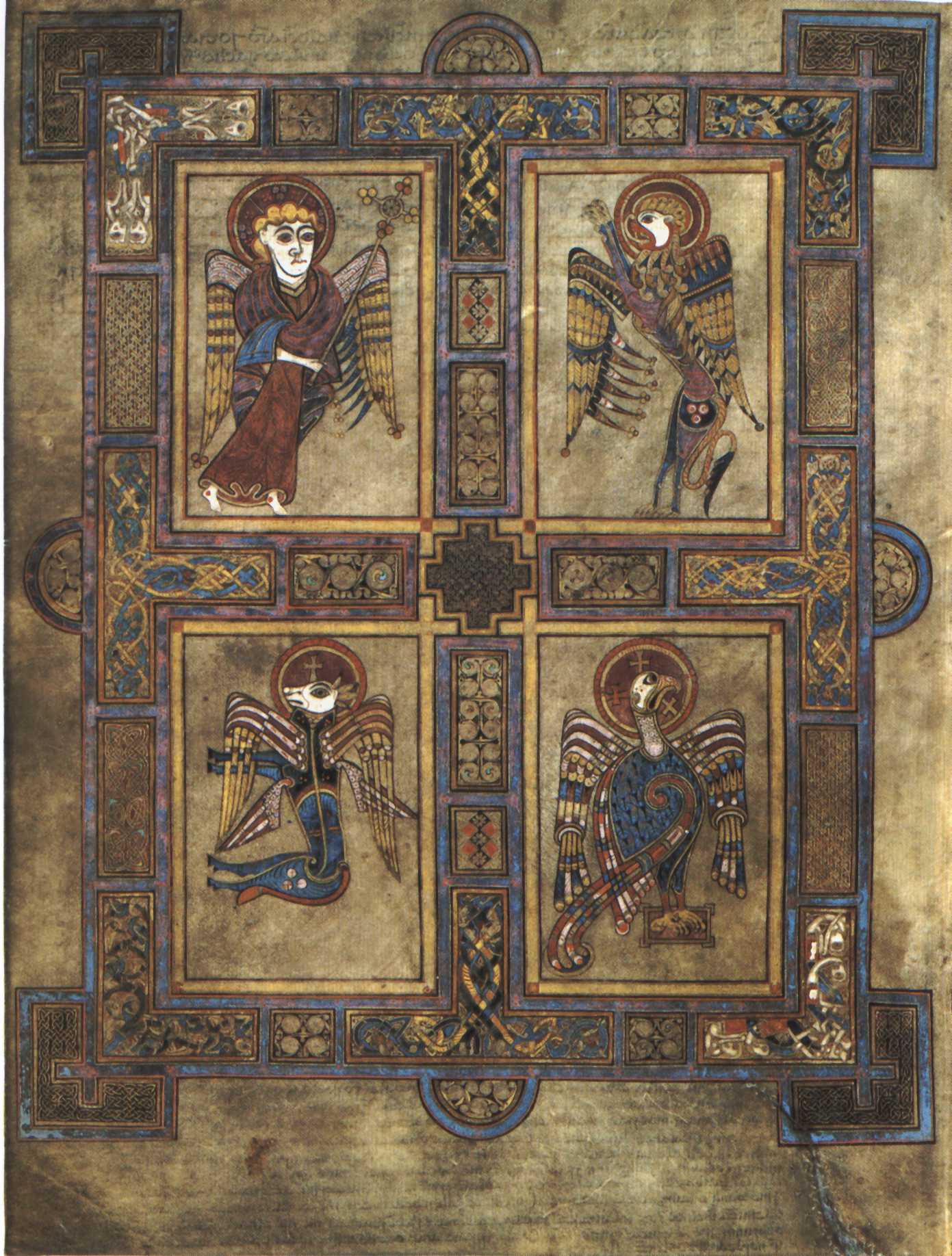 The symbols of the four Evangelists depicted in the Book of Kells. The four winged creatures symbolize, top to bottom, left to right, Matthew, Mark, Luke, and John