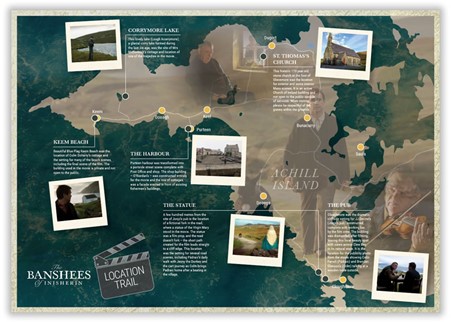 Map of 'The Banshees of Inisherin' filming locations in Ireland, including Keem Bay, Dun Aonghasa, Cloughmore, Purteen Harbour, and Corrymore Lake.