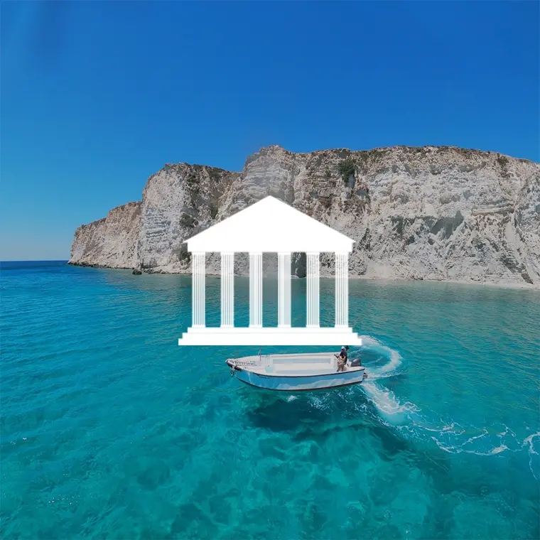 Small motorboat cruising through crystal-clear turquoise water near white coastal cliffs, with a white classical temple icon overlaid in the center of the image.