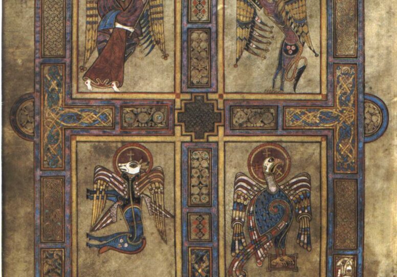 The symbols of the four Evangelists depicted in the Book of Kells. The four winged creatures symbolize, top to bottom, left to right, Matthew, Mark, Luke, and John