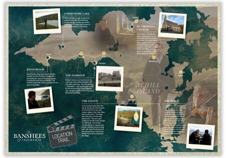 Map of 'The Banshees of Inisherin' filming locations in Ireland, including Keem Bay, Dun Aonghasa, Cloughmore, Purteen Harbour, and Corrymore Lake.